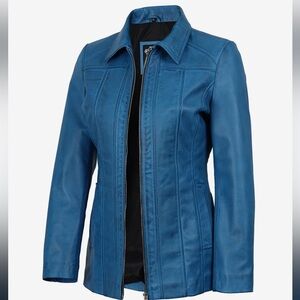 NWT F Jackets Leather Marsha Women’s Blue Leather Long Jacket – Shirt Collar